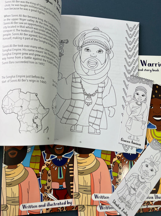 Coloring book open to a page with a character and illustrations of other characters and a map.